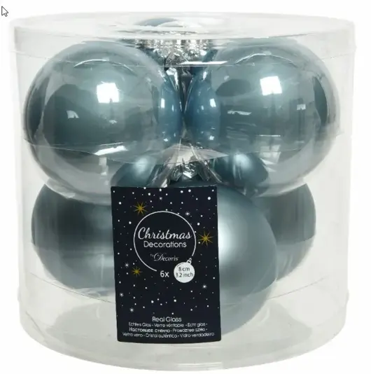 Kerstbal glas d8cm mistig blauw 6st