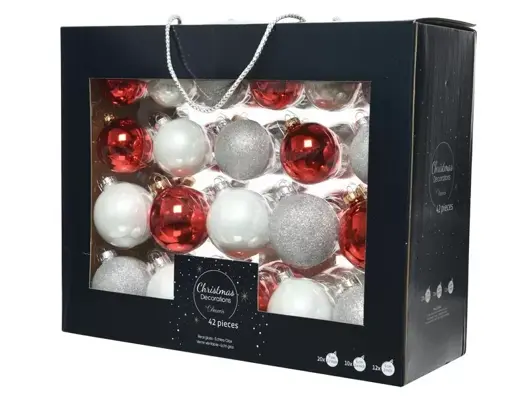 kerstbal glas glas met glitter - wit/rood